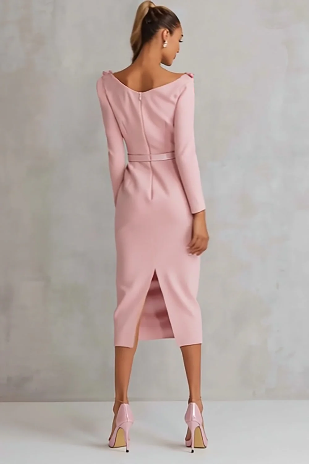 Pink Boat Neck Sheath Appliques Midi Work Dress - Image 2