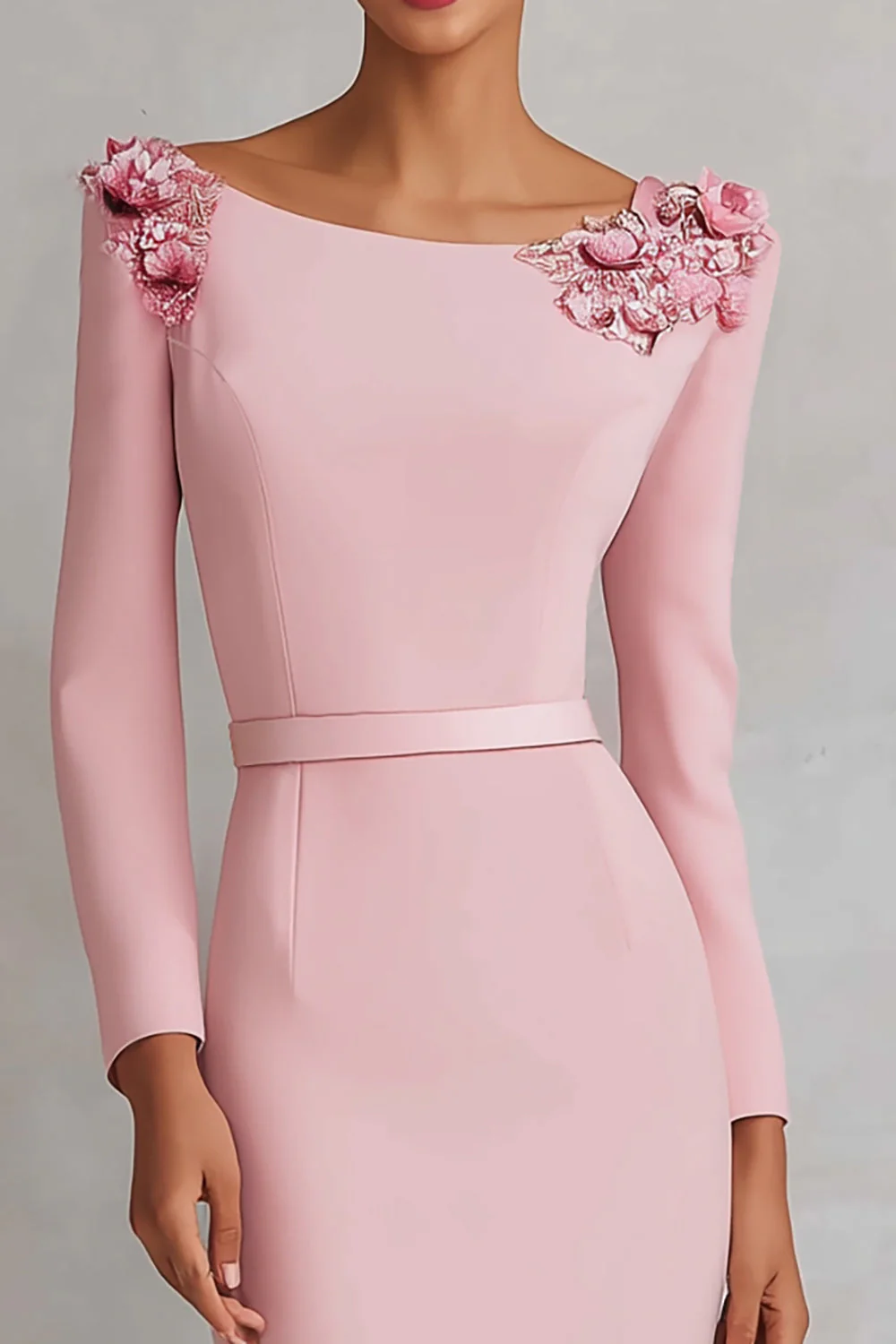 Pink Boat Neck Sheath Appliques Midi Work Dress - Image 3