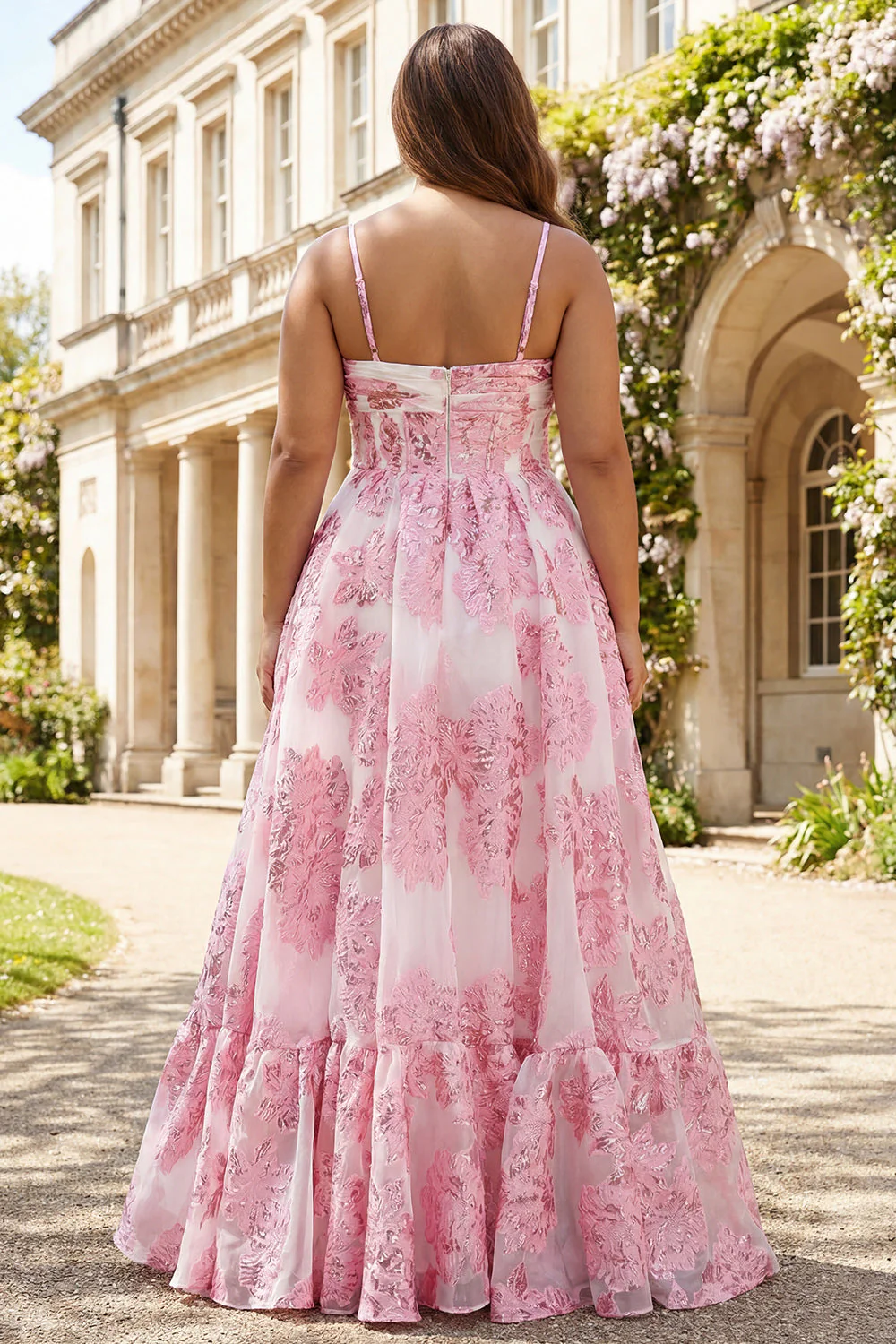 Pink Brocade Jacquard Cut Out A-Line Long Plus Size Prom Dress with 3D Flower - Image 2