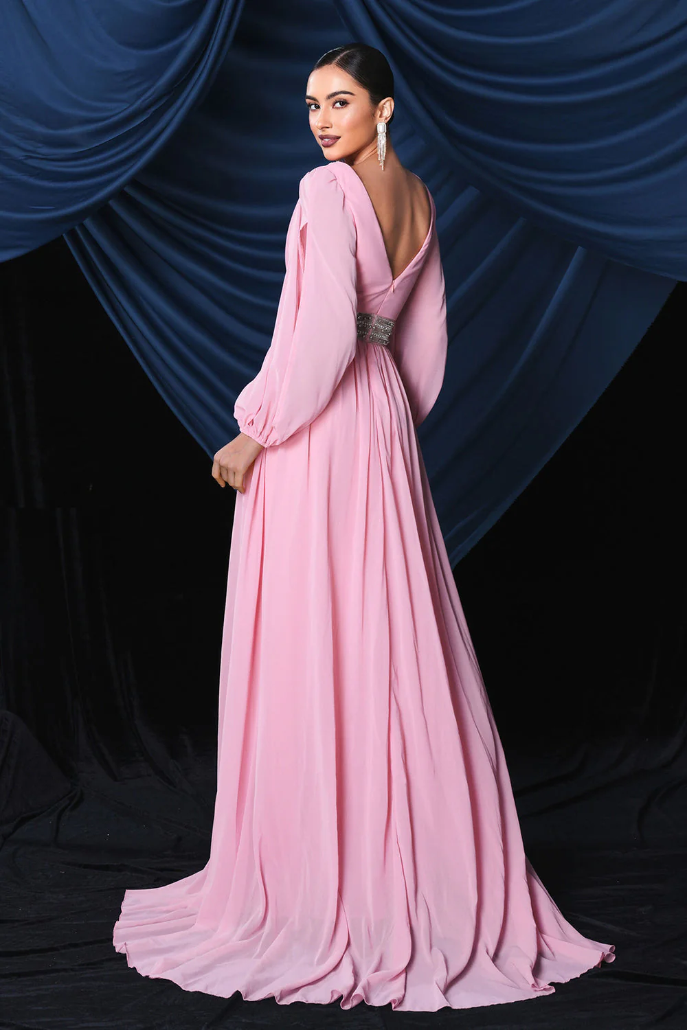 Pink Chiffon Long Sleeves Prom Dress With Slit - Image 3