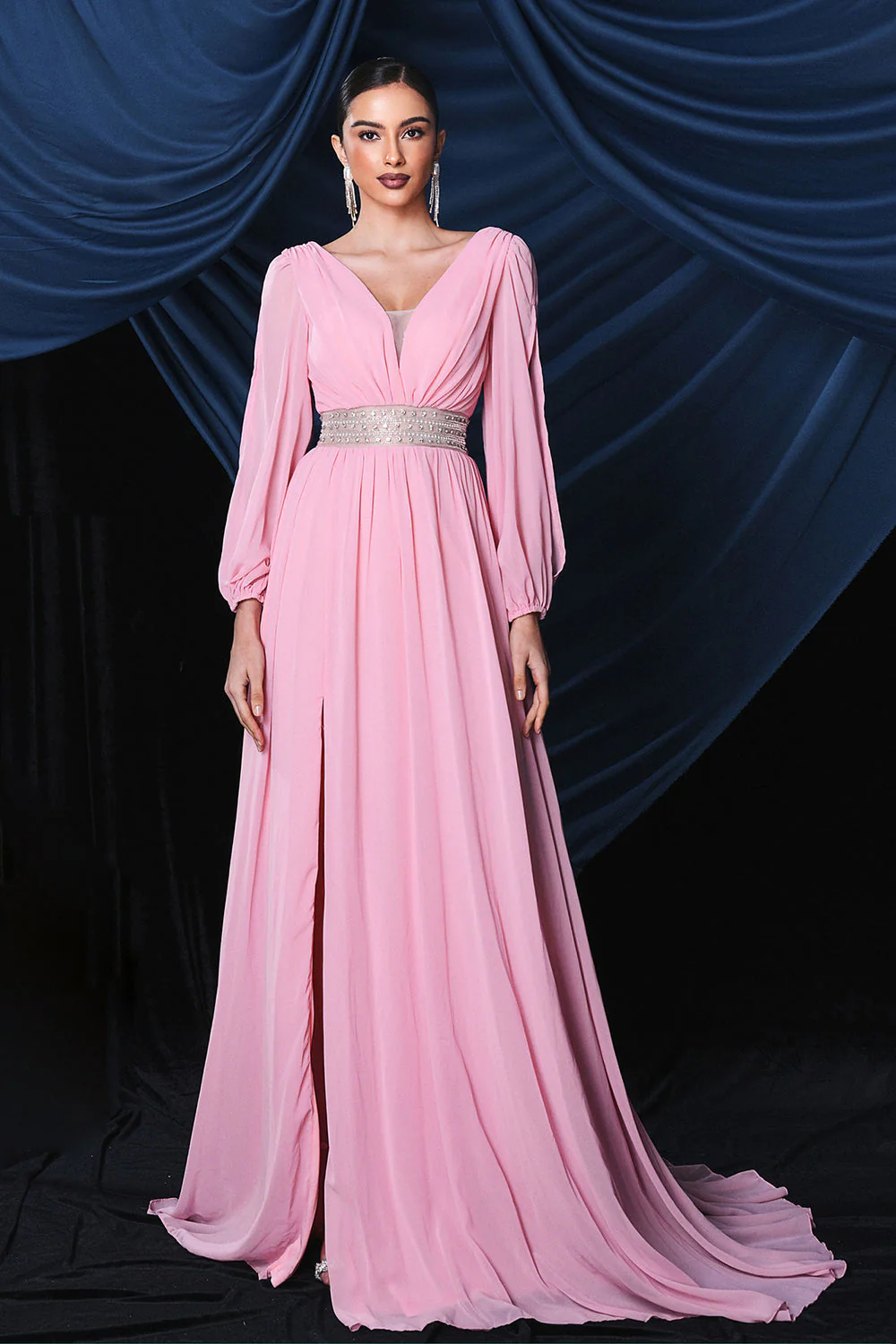 Pink Chiffon Long Sleeves Prom Dress With Slit - Image 5