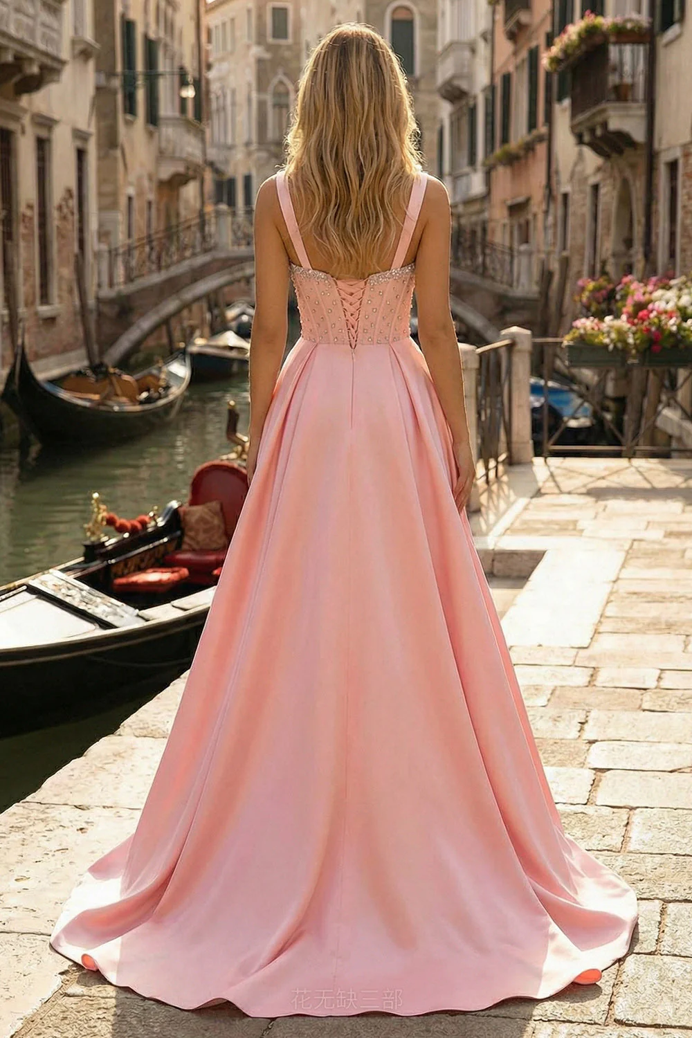 Pink Corset A-Line Beaded Long Satin Prom Dress with Slit - Image 2