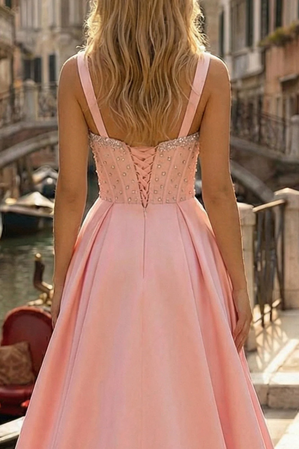 Pink Corset A-Line Beaded Long Satin Prom Dress with Slit - Image 4