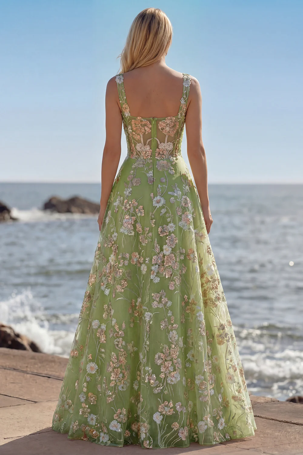 Pink Corset Sequin A Line Floral Long Prom Dress with Embroidery - Image 8