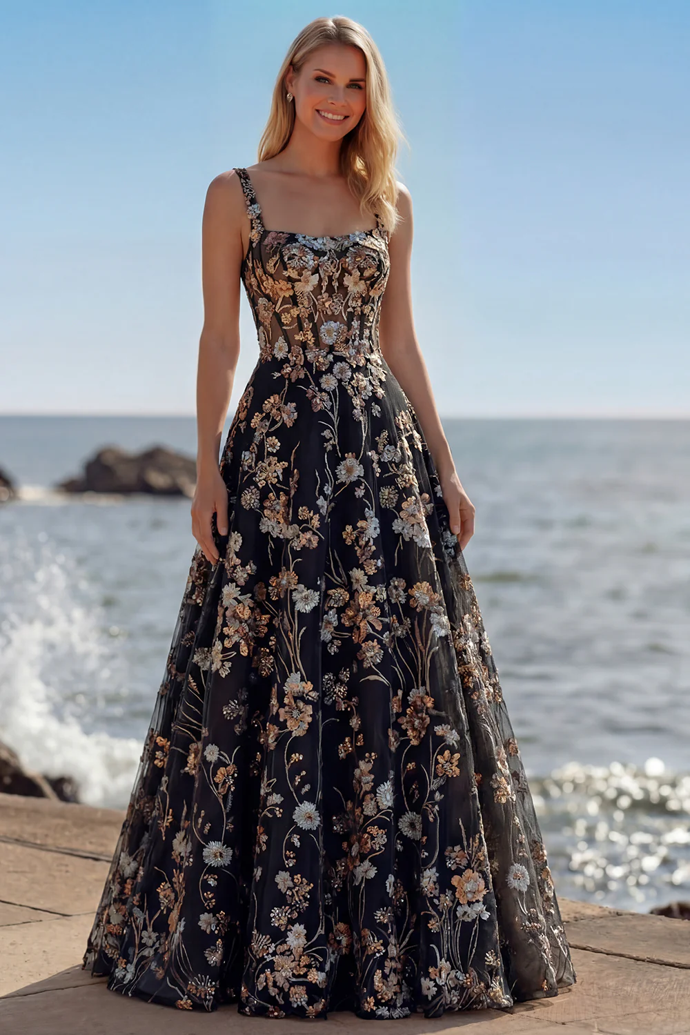 Pink Corset Sequin A Line Floral Long Prom Dress with Embroidery - Image 11