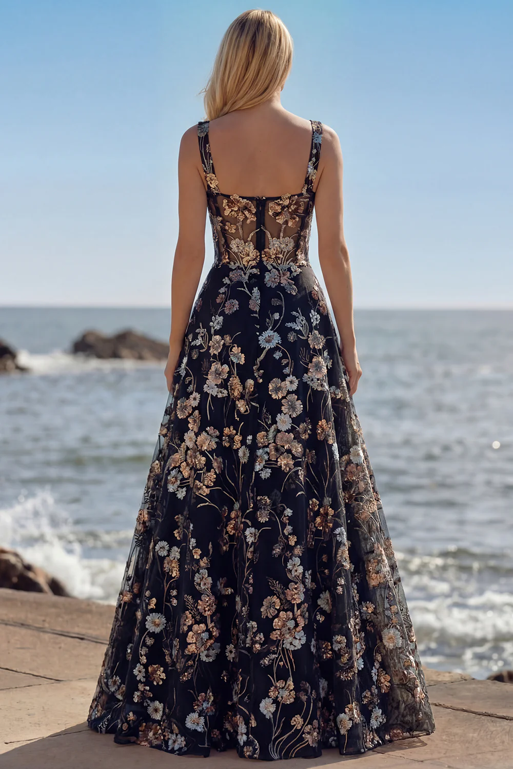 Pink Corset Sequin A Line Floral Long Prom Dress with Embroidery - Image 12