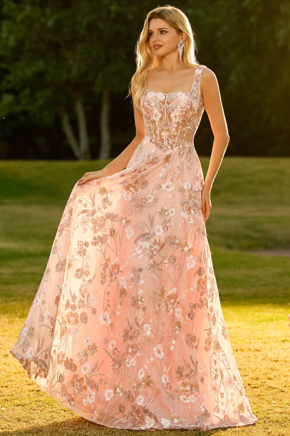 Pink Corset A Line Embroidered Long Floral Prom Dress with Sequins - Image 3