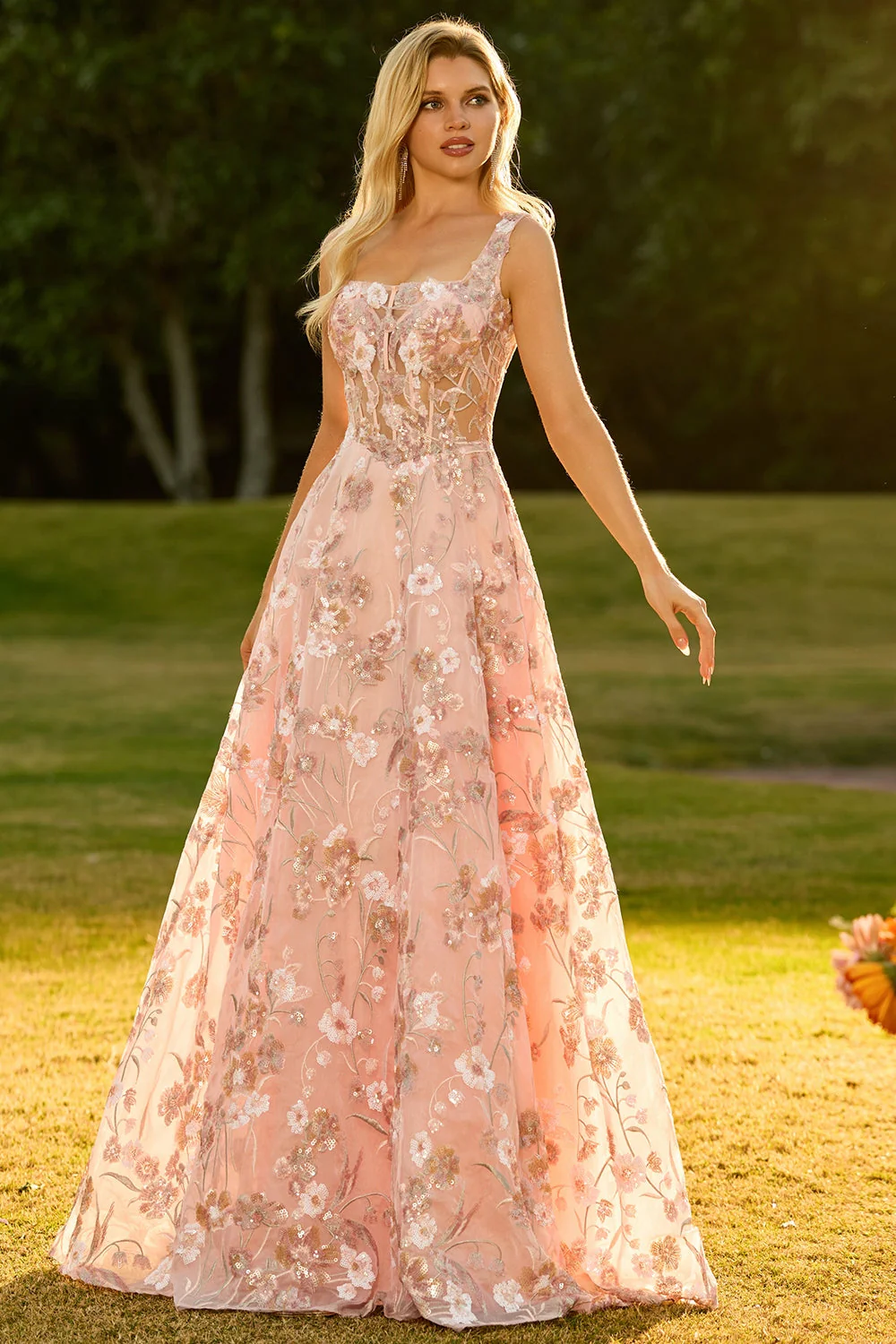 Pink Corset A Line Embroidered Long Floral Prom Dress with Sequins - Image 5