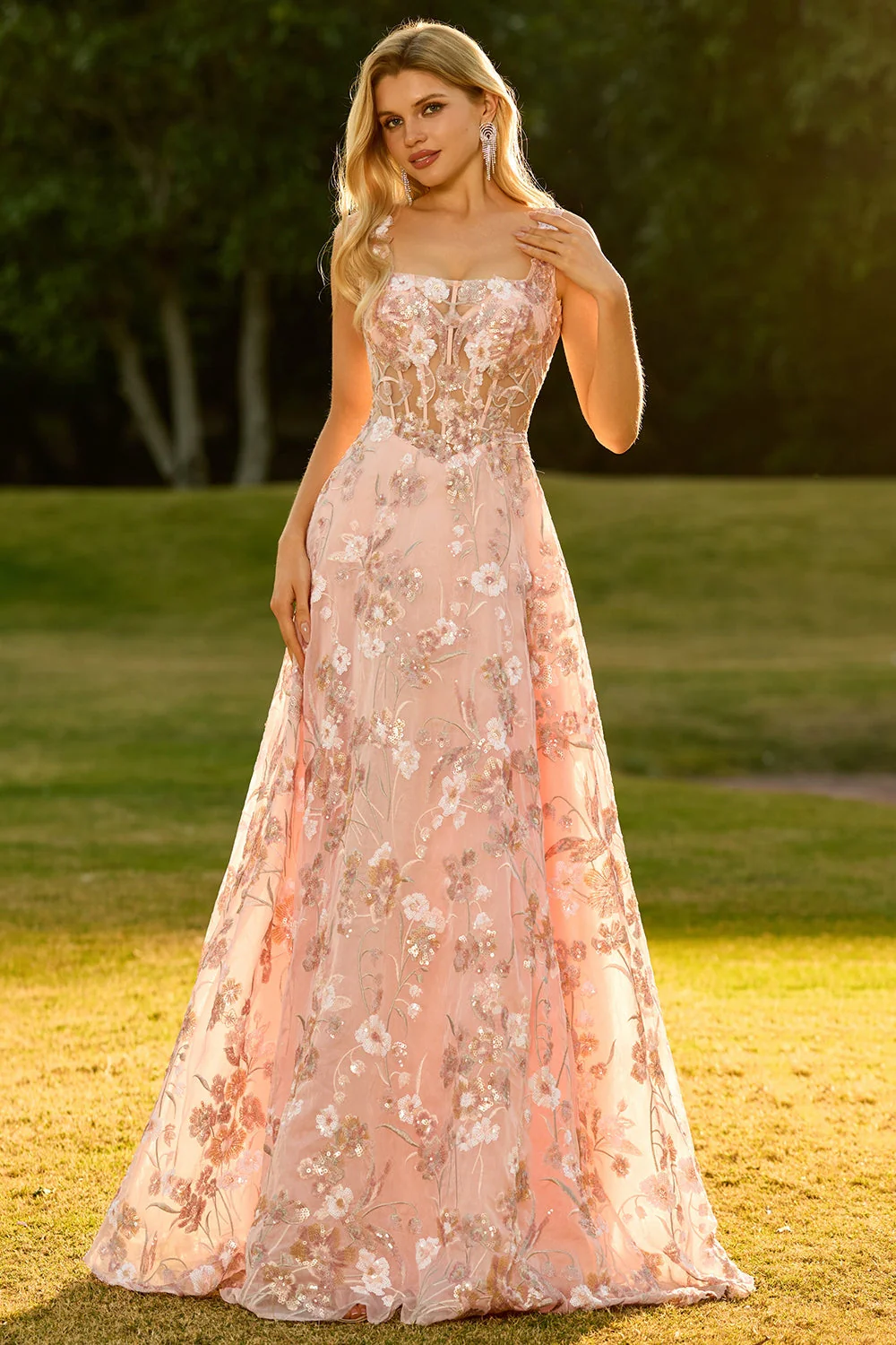Pink Corset A Line Embroidered Long Floral Prom Dress with Sequins - Image 6