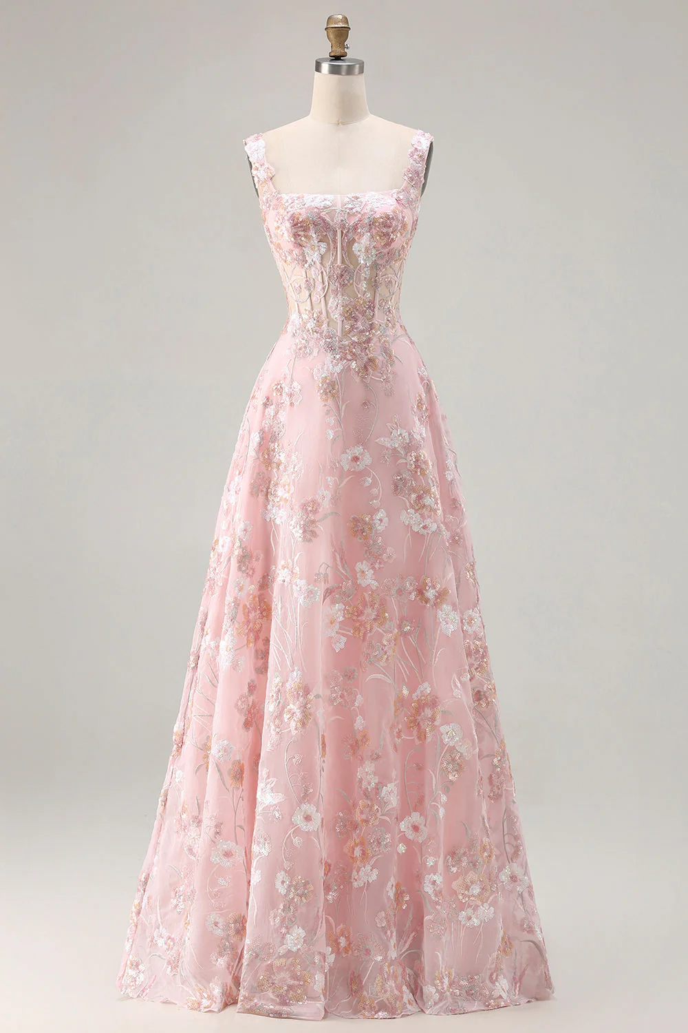 Pink Corset A Line Embroidered Long Floral Prom Dress with Sequins - Image 7