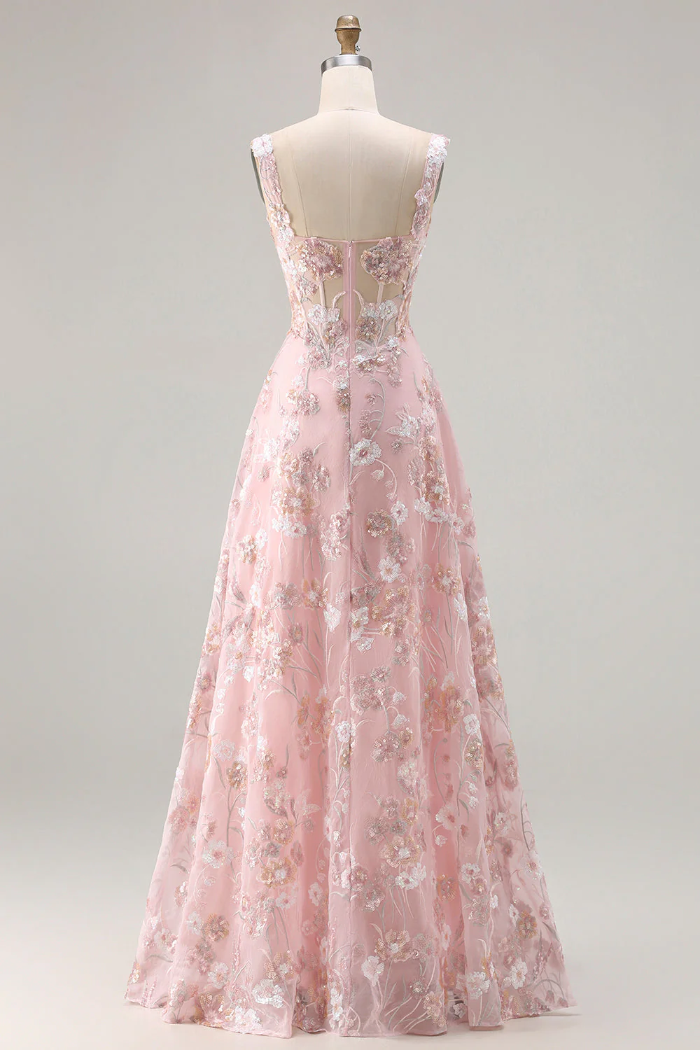 Pink Corset A Line Embroidered Long Floral Prom Dress with Sequins - Image 8