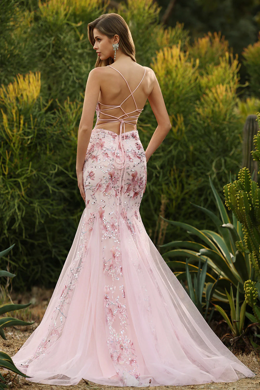 Pink Corset Floral Mermaid Lace Up Back Long Prom Dress with Sequins - Image 2