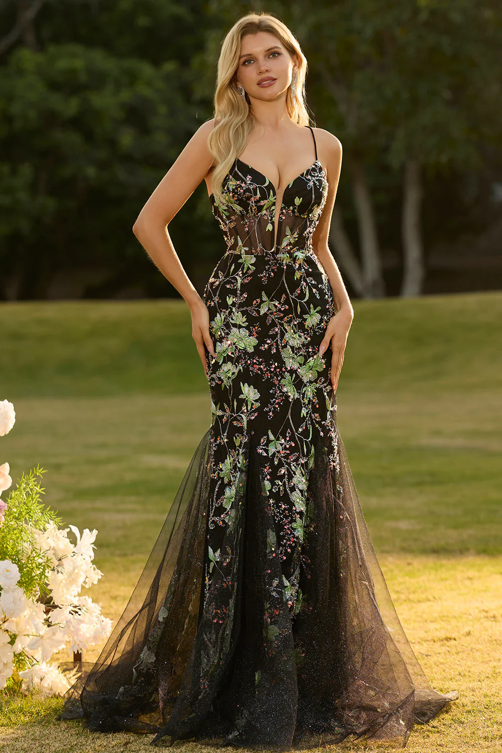 Pink Corset Floral Mermaid Lace Up Back Long Prom Dress with Sequins - Image 7