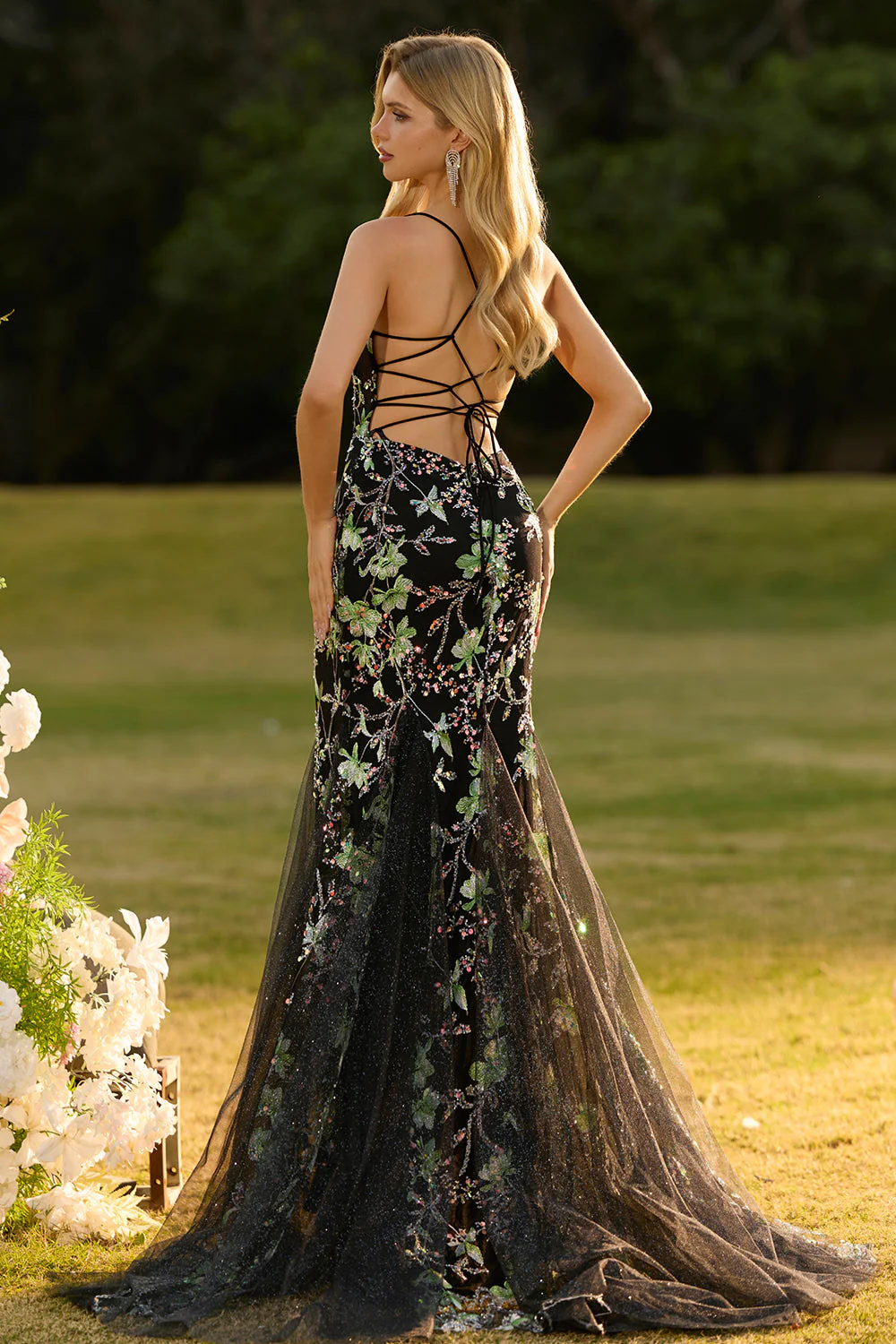 Pink Corset Floral Mermaid Lace Up Back Long Prom Dress with Sequins - Image 8
