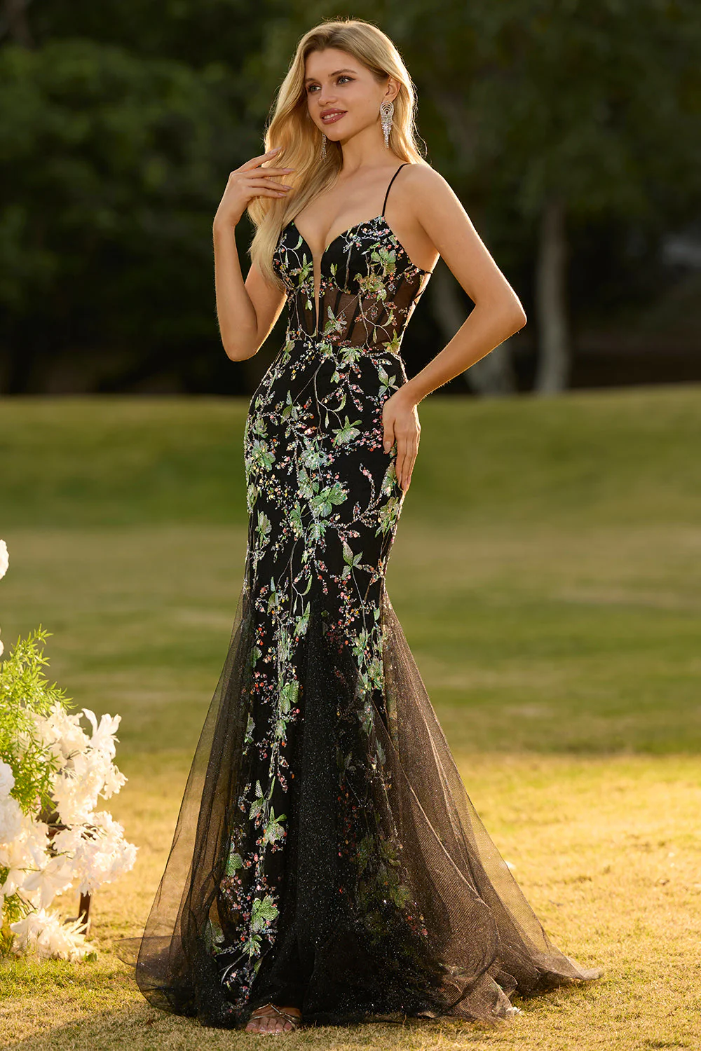 Pink Corset Floral Mermaid Lace Up Back Long Prom Dress with Sequins - Image 9
