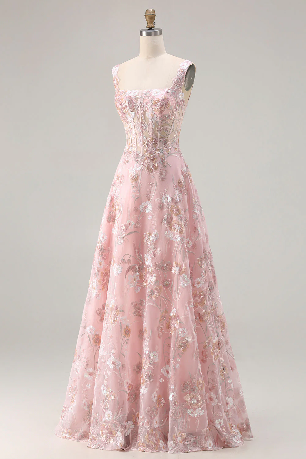 Pink Corset Sequin A Line Floral Long Prom Dress with Embroidery - Image 3