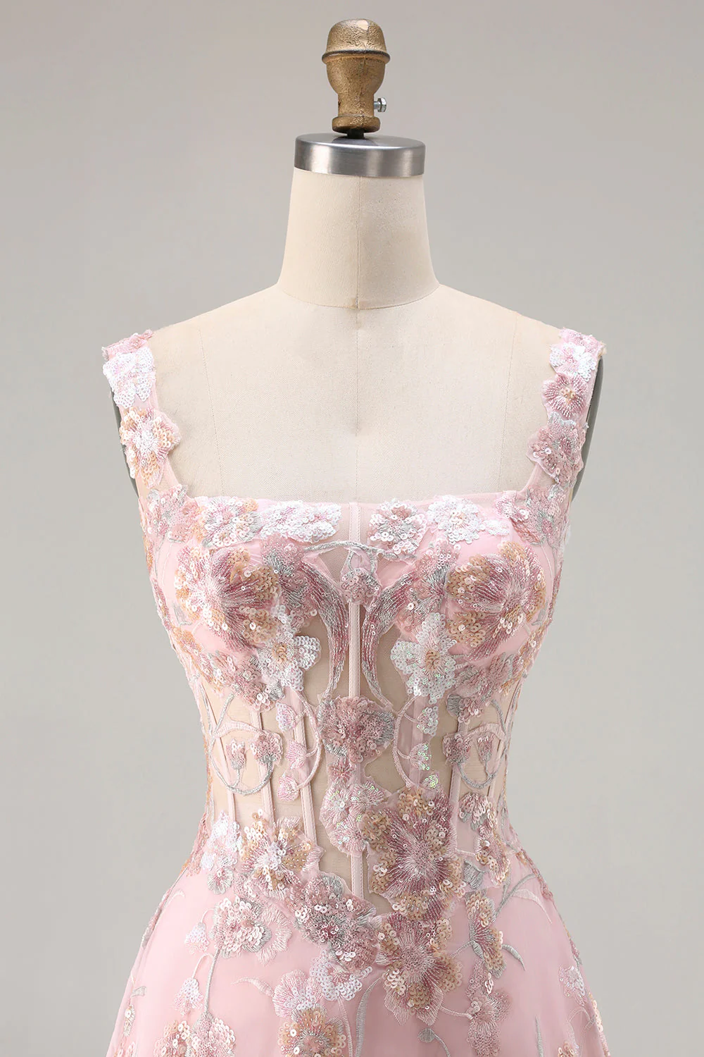 Pink Corset Sequin A Line Floral Long Prom Dress with Embroidery - Image 4