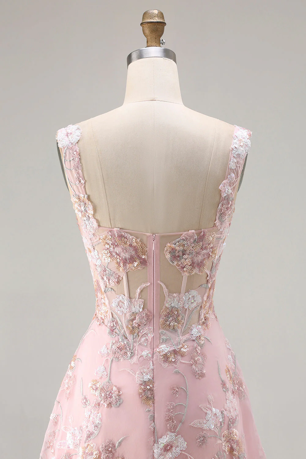 Pink Corset Sequin A Line Floral Long Prom Dress with Embroidery - Image 5