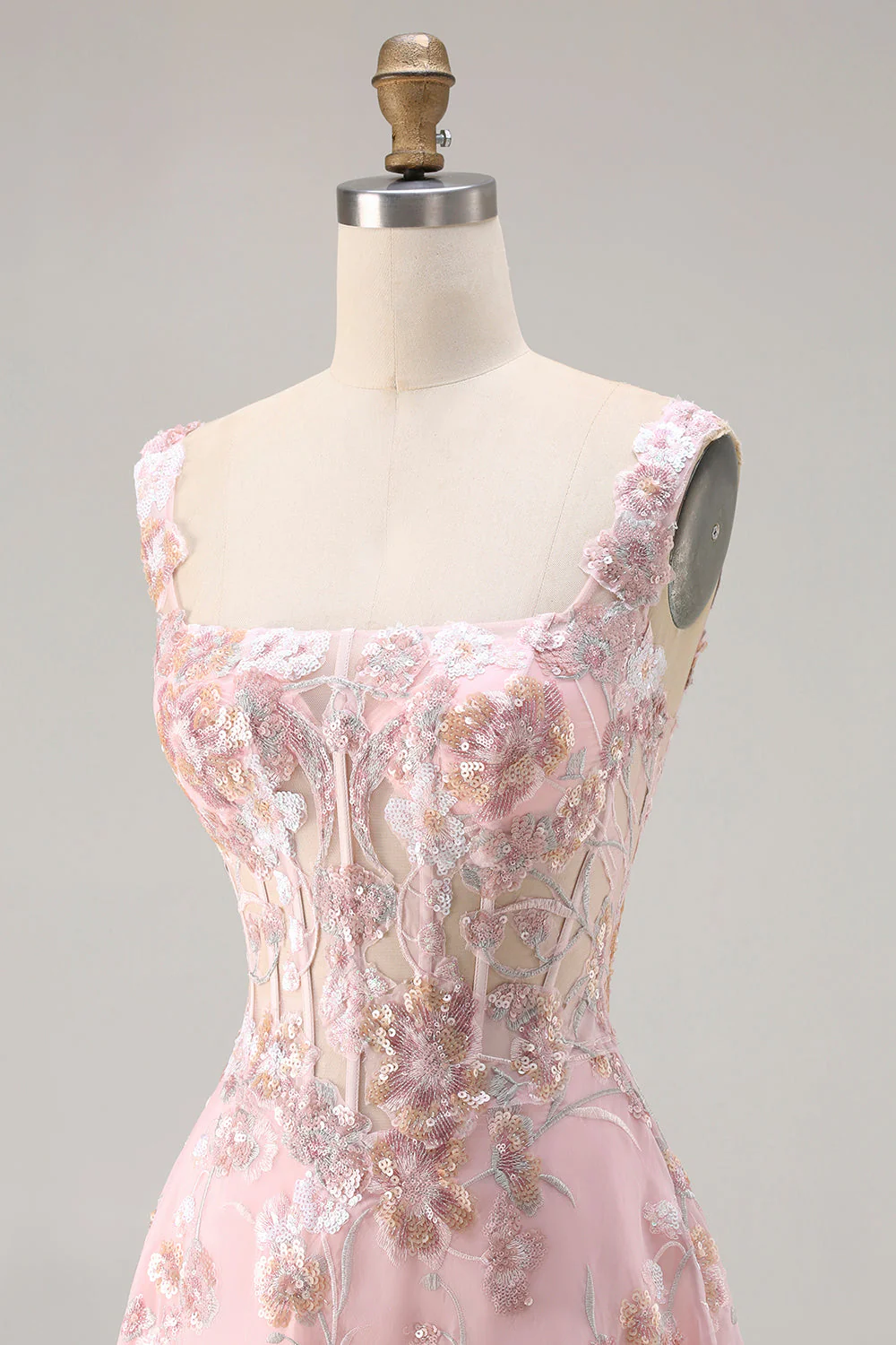 Pink Corset Sequin A Line Floral Long Prom Dress with Embroidery - Image 6
