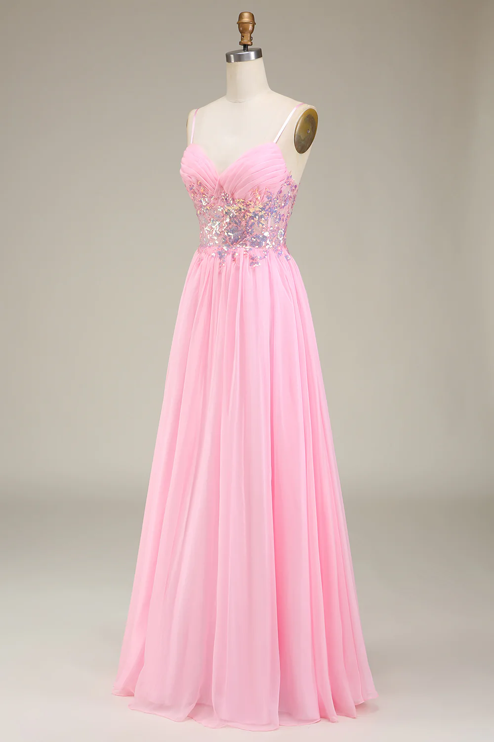 Pink Corset Spaghetti Straps A-line Prom Dress with Pleated - Image 3