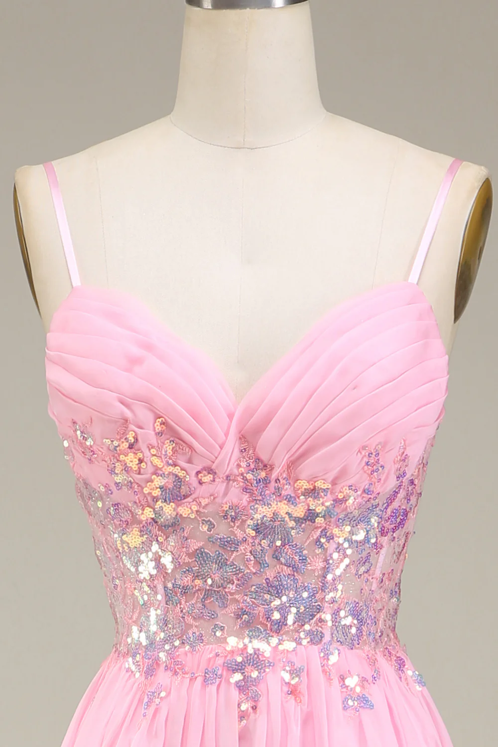 Pink Corset Spaghetti Straps A-line Prom Dress with Pleated - Image 4