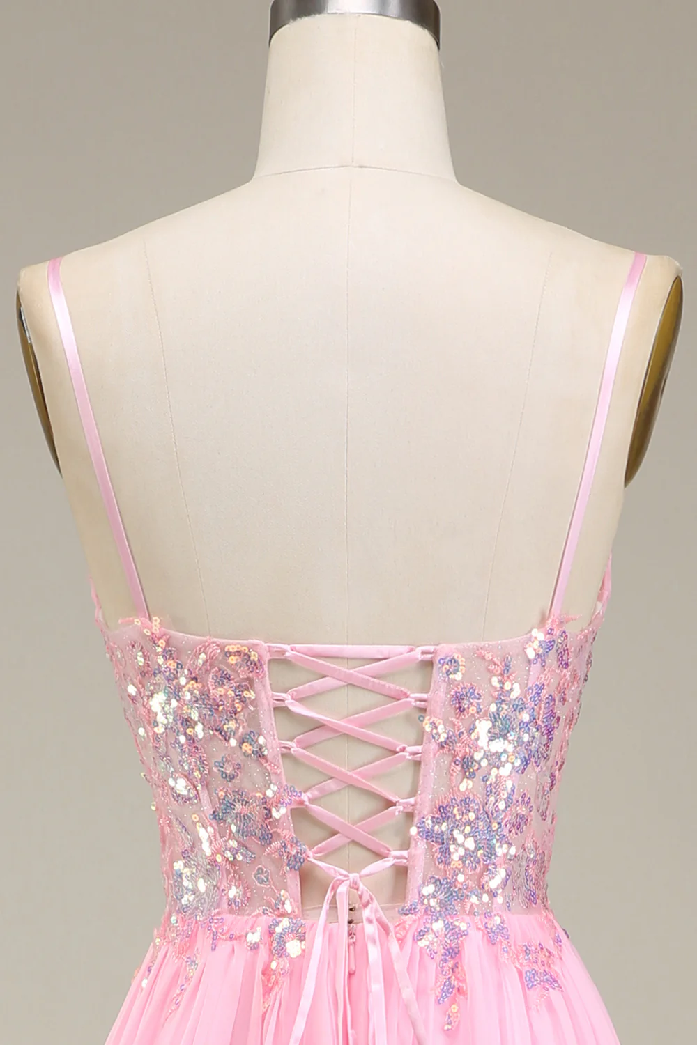Pink Corset Spaghetti Straps A-line Prom Dress with Pleated - Image 5