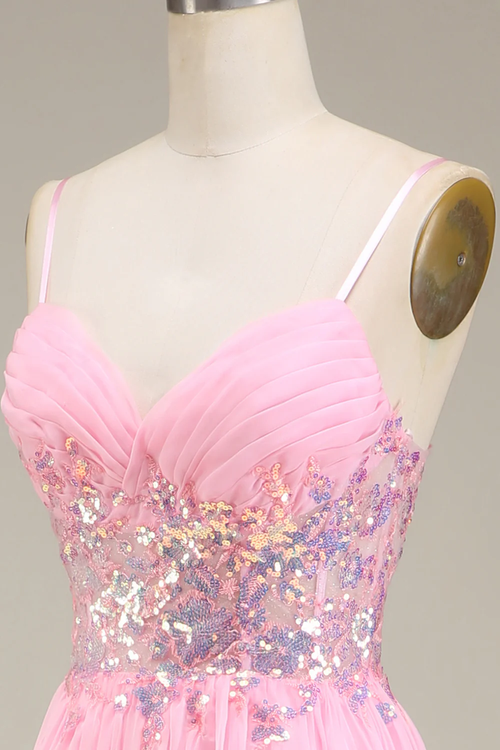 Pink Corset Spaghetti Straps A-line Prom Dress with Pleated - Image 6