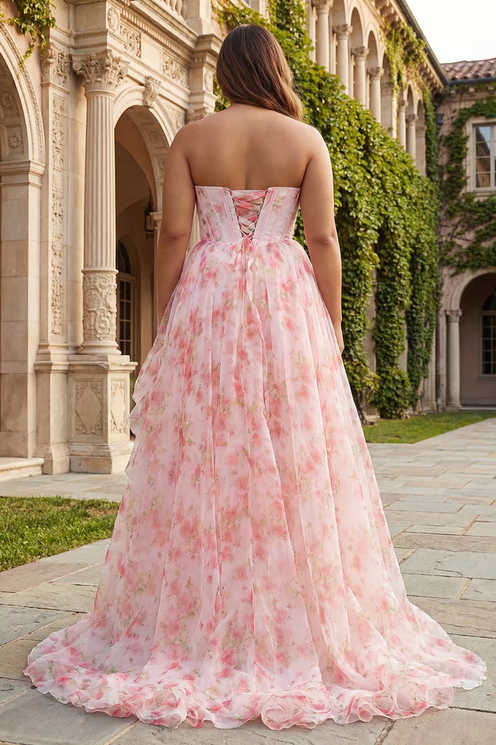 Pink Floral A Line Beaded Strapless Corset Long Plus Size Prom Dress with Ruffles - Image 2