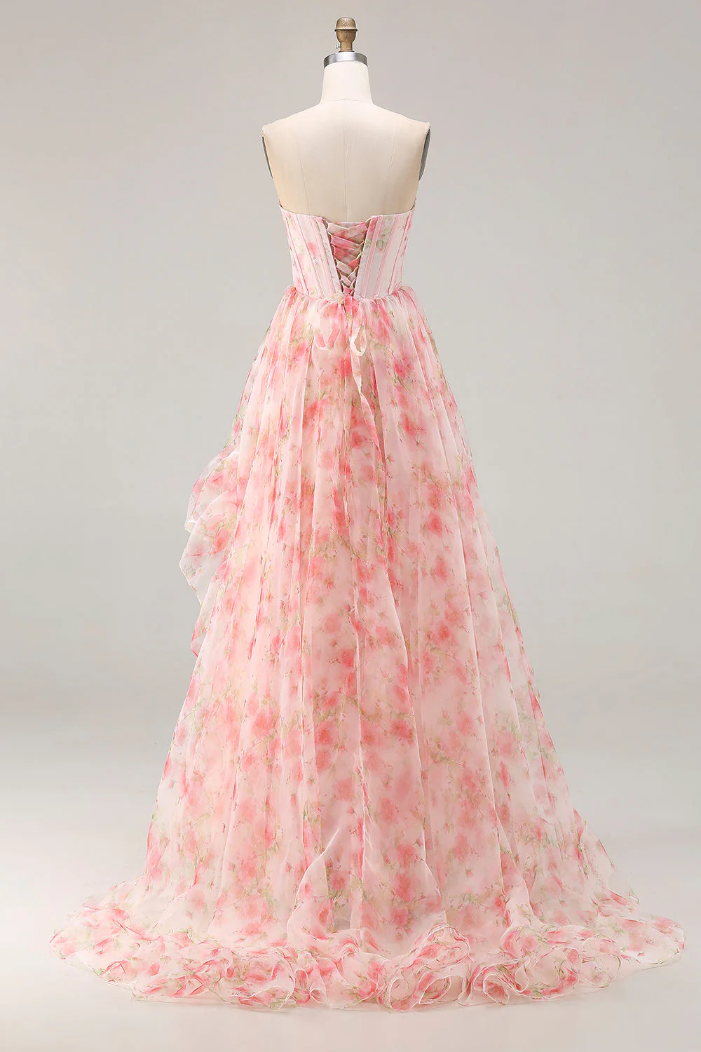 Pink Floral A Line Beaded Strapless Corset Printed Long Prom Dress with Ruffles - Image 2