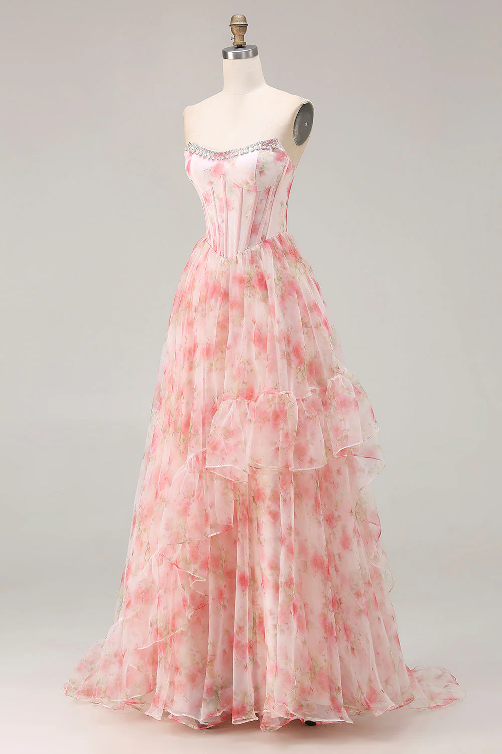 Pink Floral A Line Beaded Strapless Corset Printed Long Prom Dress with Ruffles - Image 3