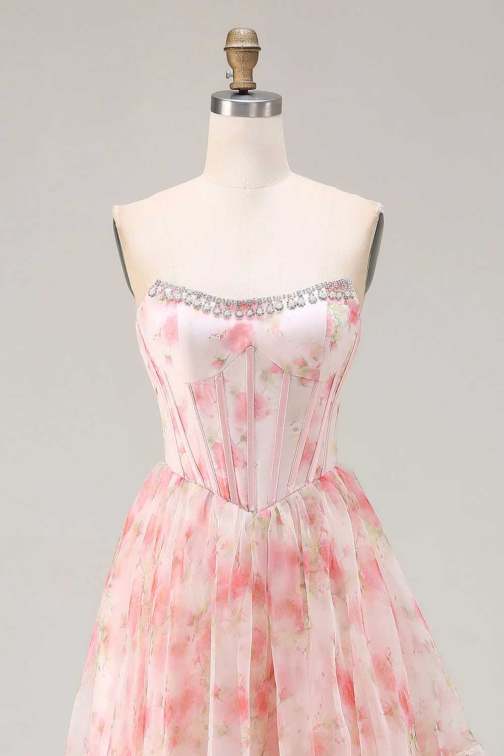 Pink Floral A Line Beaded Strapless Corset Printed Long Prom Dress with Ruffles - Image 4