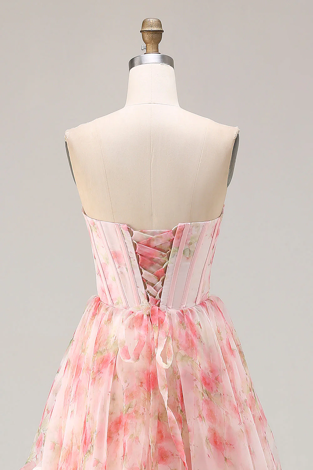 Pink Floral A Line Beaded Strapless Corset Printed Long Prom Dress with Ruffles - Image 5