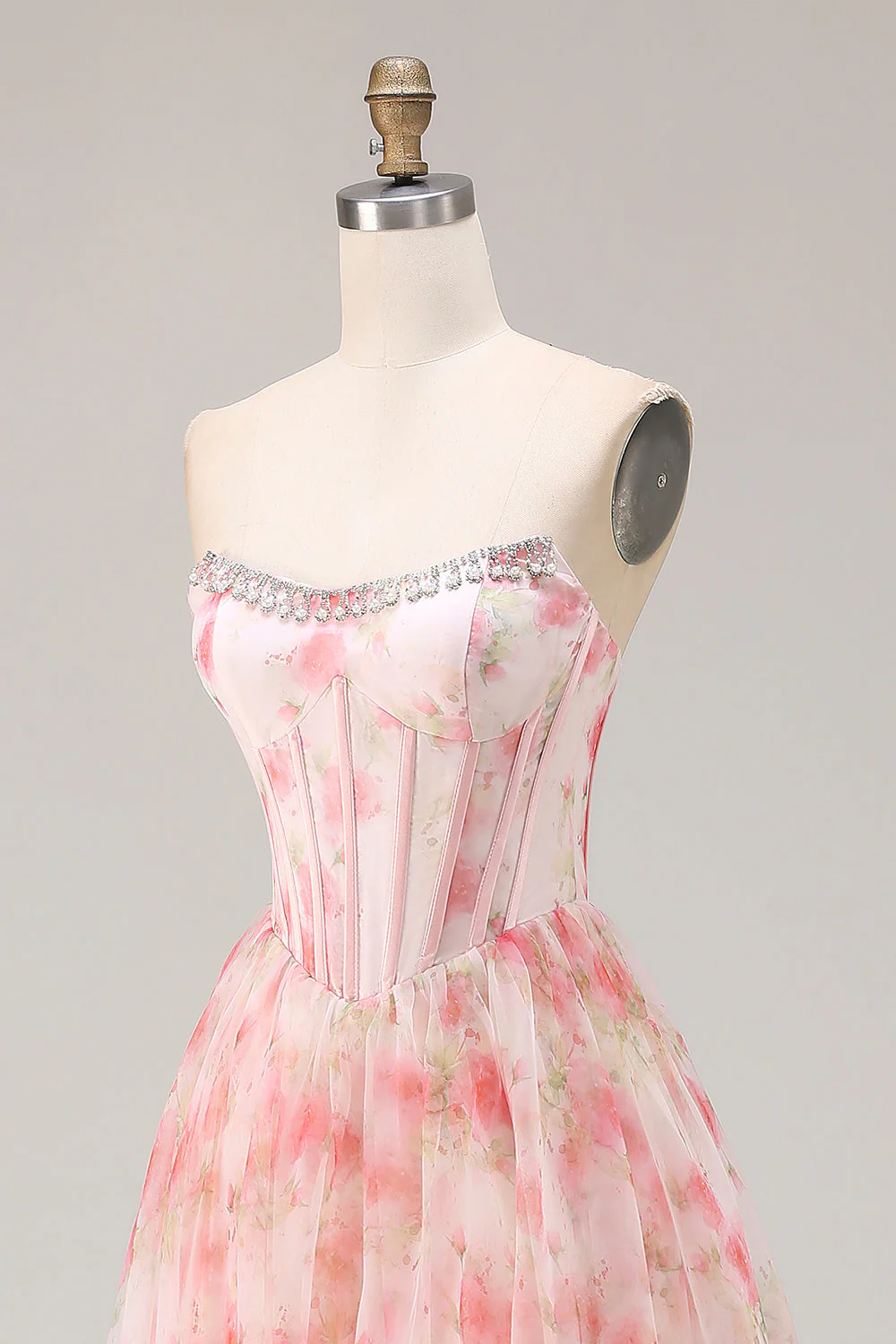 Pink Floral A Line Beaded Strapless Corset Printed Long Prom Dress with Ruffles - Image 6