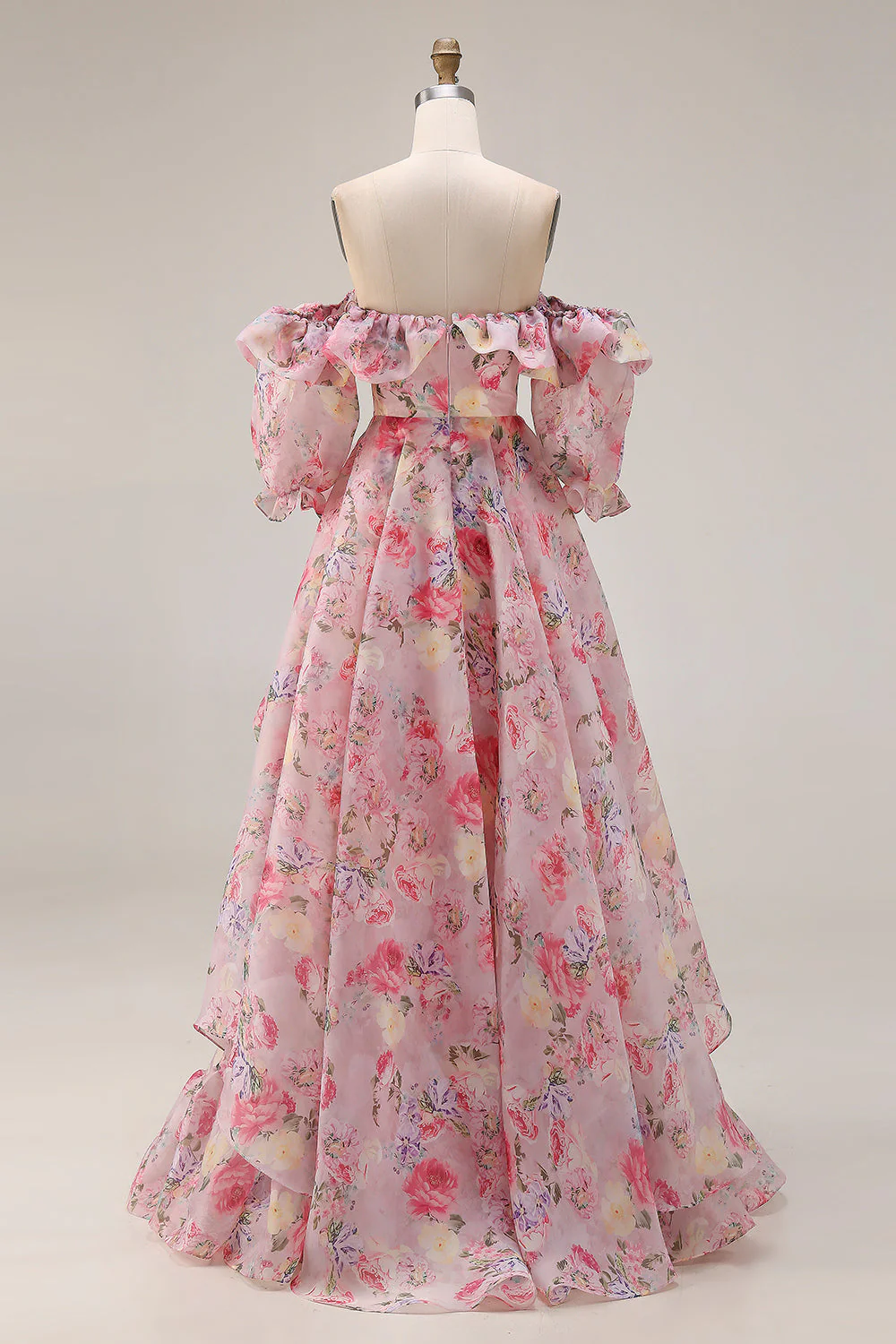 Pink Floral A Line Off The Shoulder Puff Sleeves Chiffon Long Prom Dress with Ruffled Skirt - Image 2