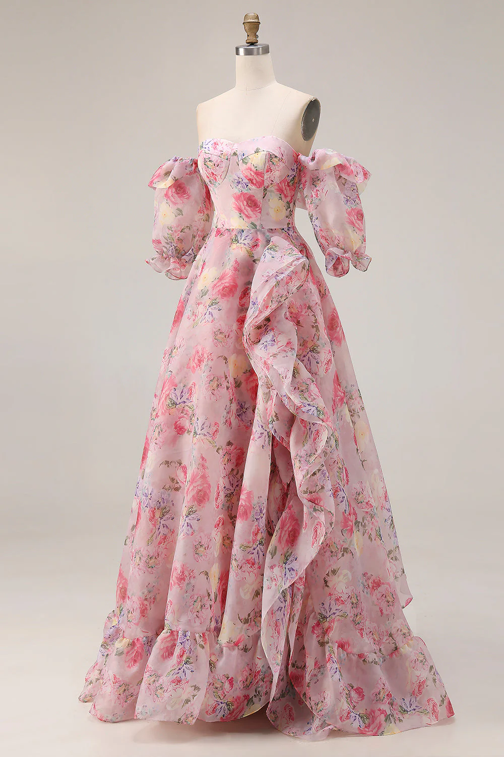 Pink Floral A Line Off The Shoulder Puff Sleeves Chiffon Long Prom Dress with Ruffled Skirt - Image 3