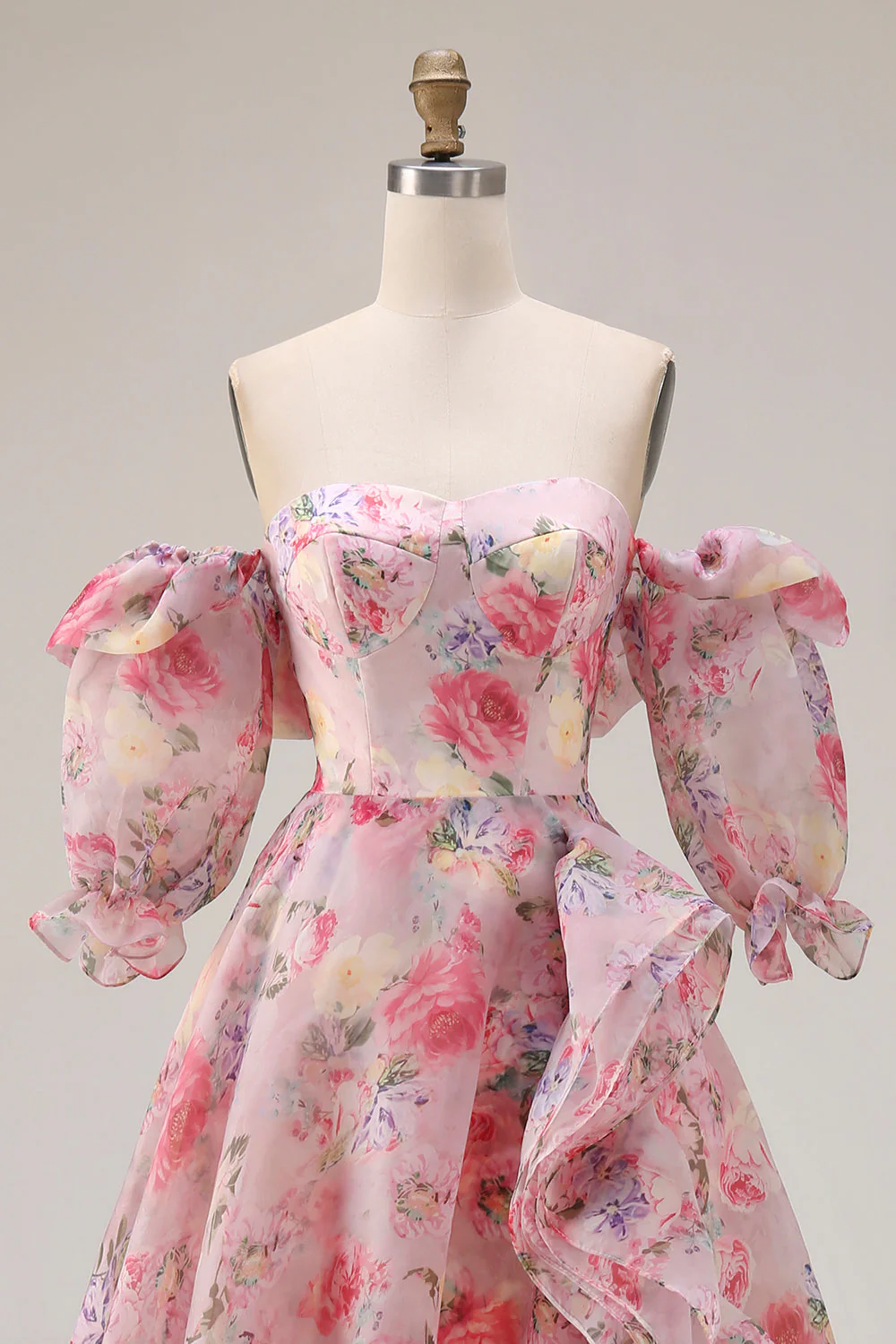 Pink Floral A Line Off The Shoulder Puff Sleeves Chiffon Long Prom Dress with Ruffled Skirt - Image 4