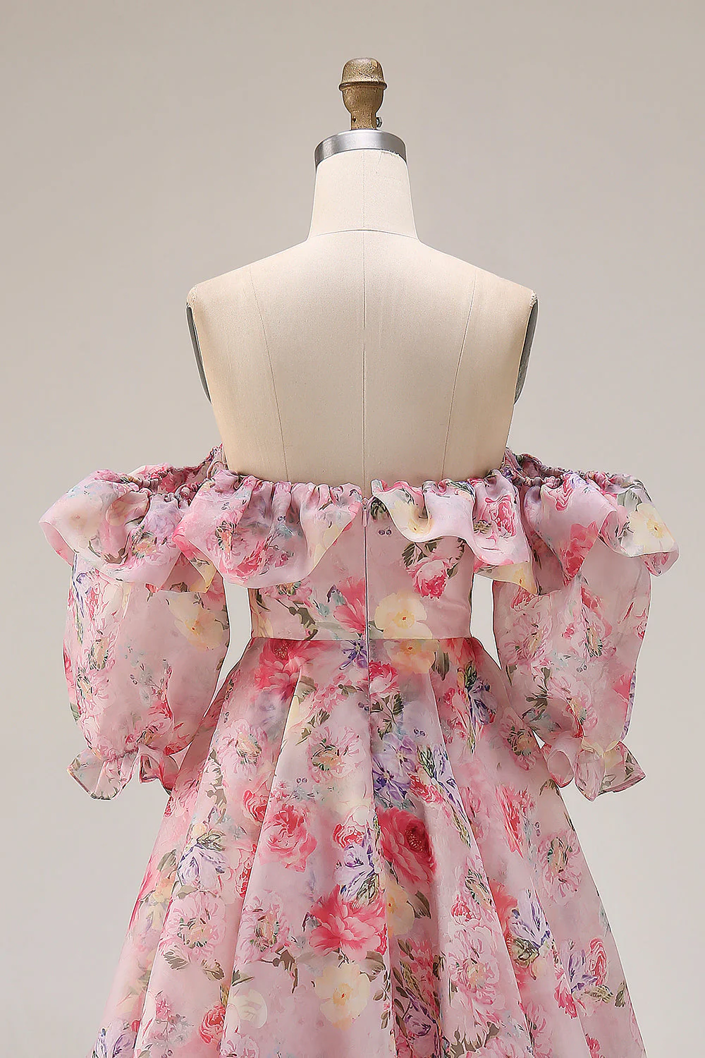 Pink Floral A Line Off The Shoulder Puff Sleeves Chiffon Long Prom Dress with Ruffled Skirt - Image 5