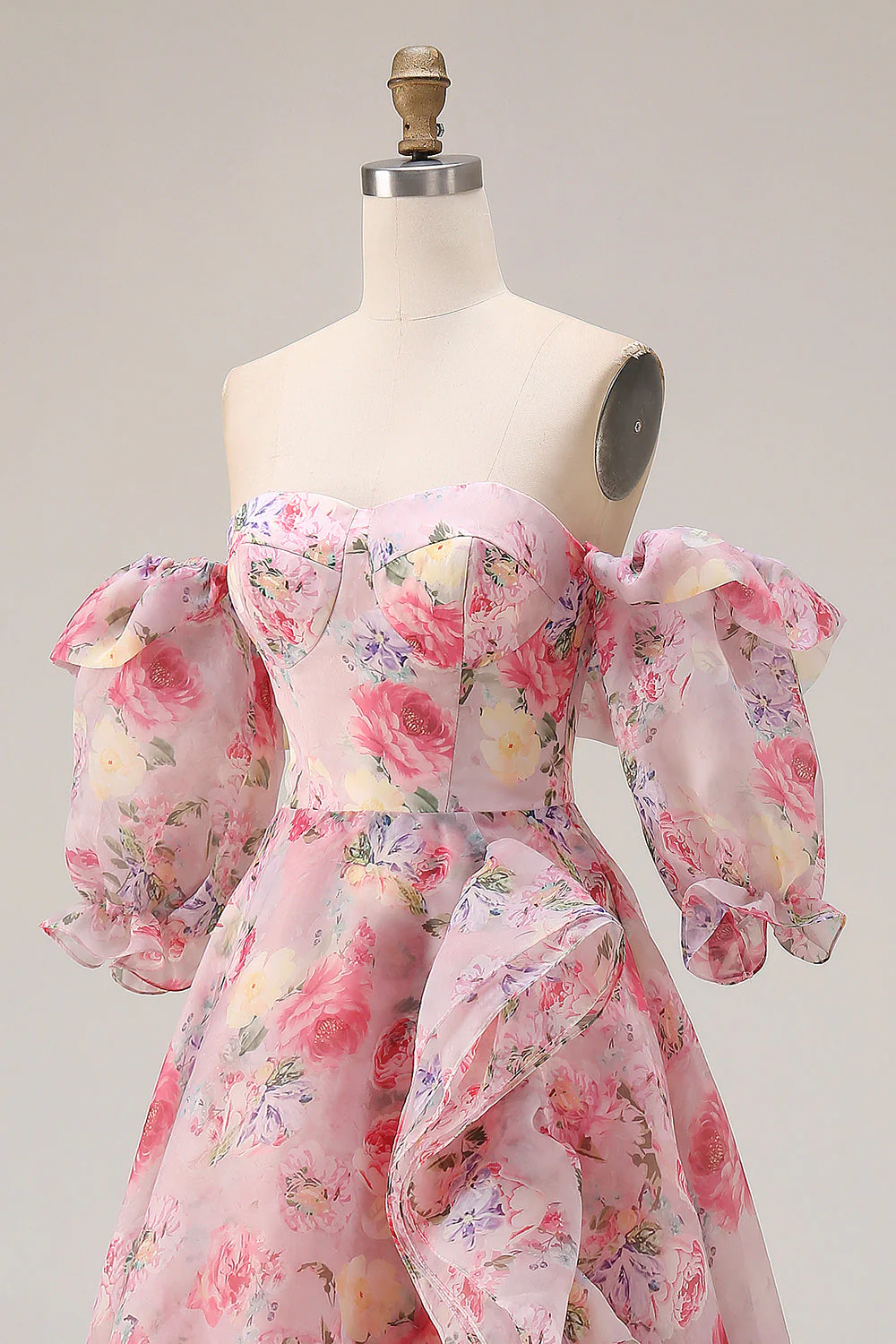Pink Floral A Line Off The Shoulder Puff Sleeves Chiffon Long Prom Dress with Ruffled Skirt - Image 6