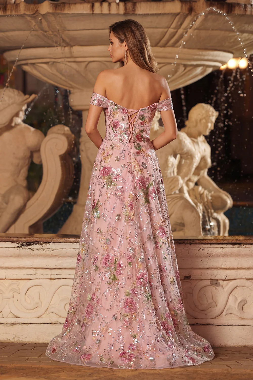 Pink Floral A-Line Off The Shoulder Sequin Long Prom Dress with Slit - Image 2