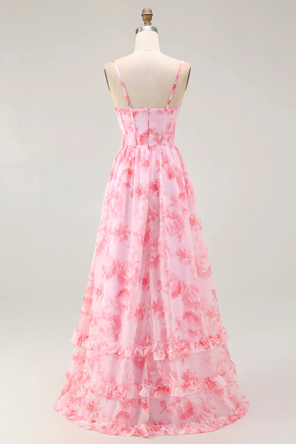 Pink Floral Corset A Line Spaghetti Straps Maxi Dress with Slit - Image 2