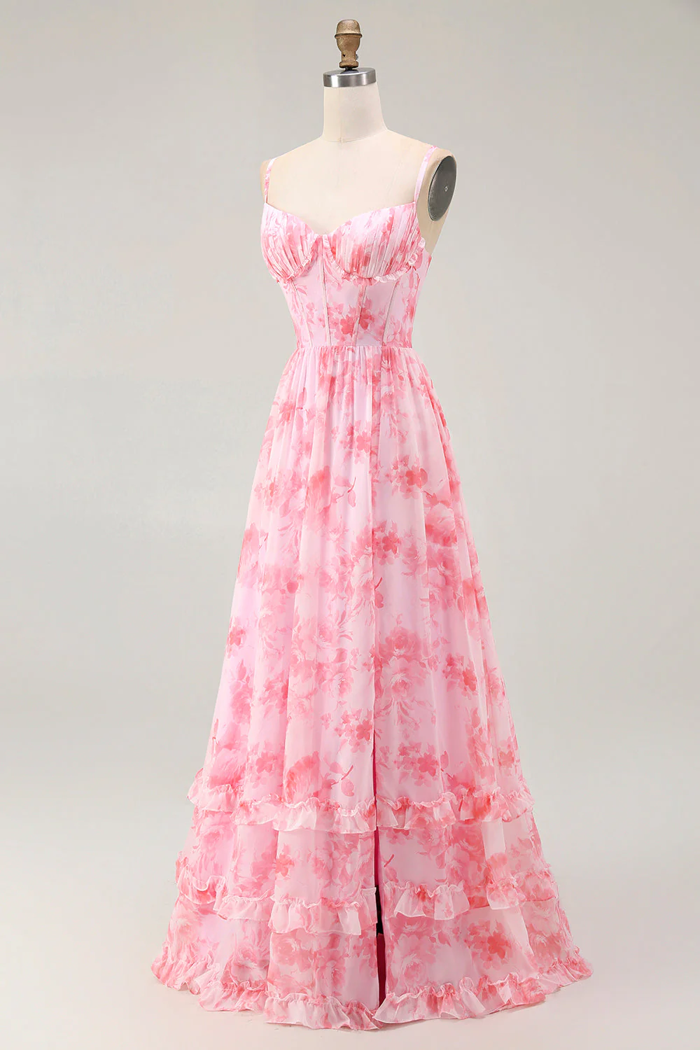 Pink Floral Corset A Line Spaghetti Straps Maxi Dress with Slit - Image 3