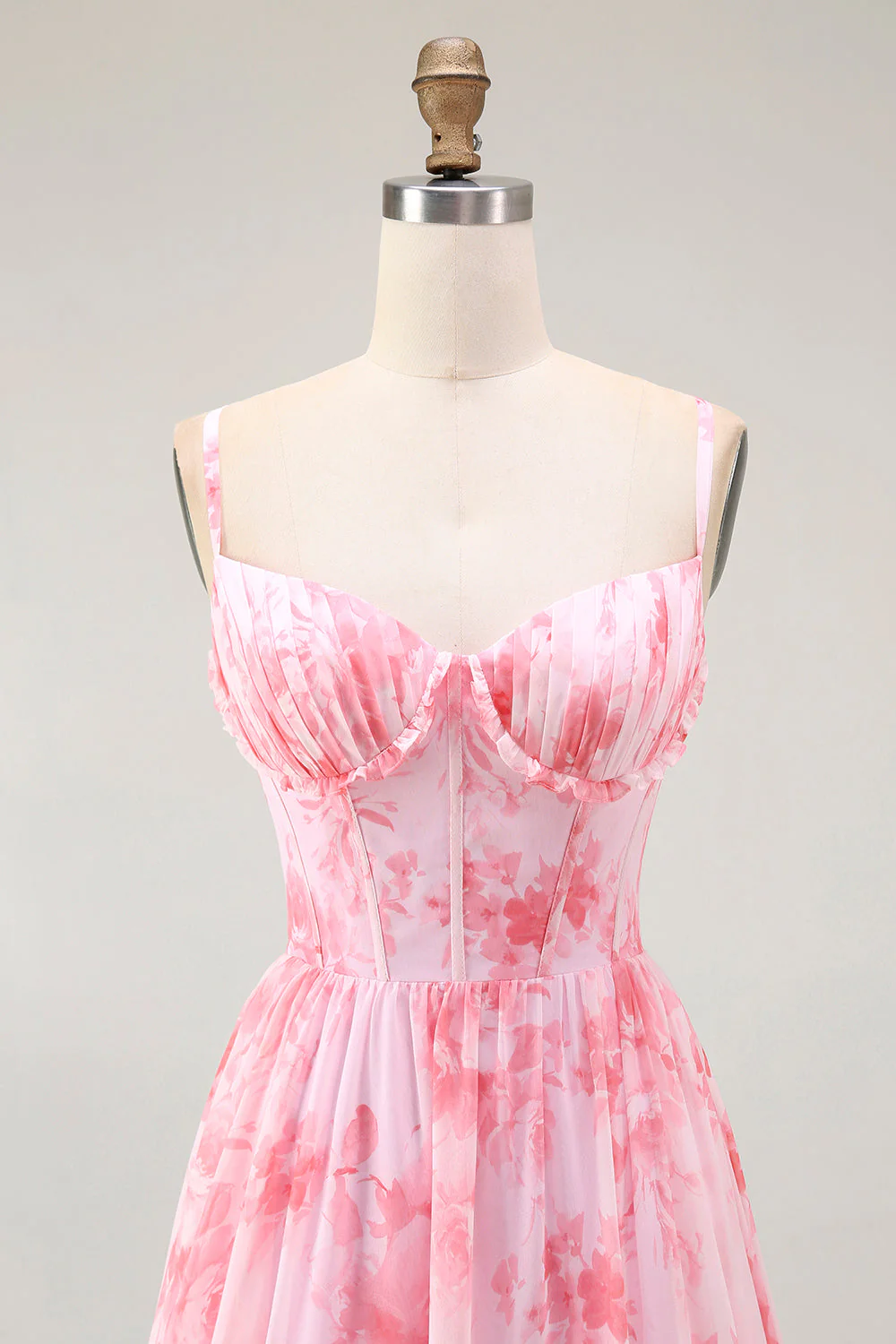 Pink Floral Corset A Line Spaghetti Straps Maxi Dress with Slit - Image 4