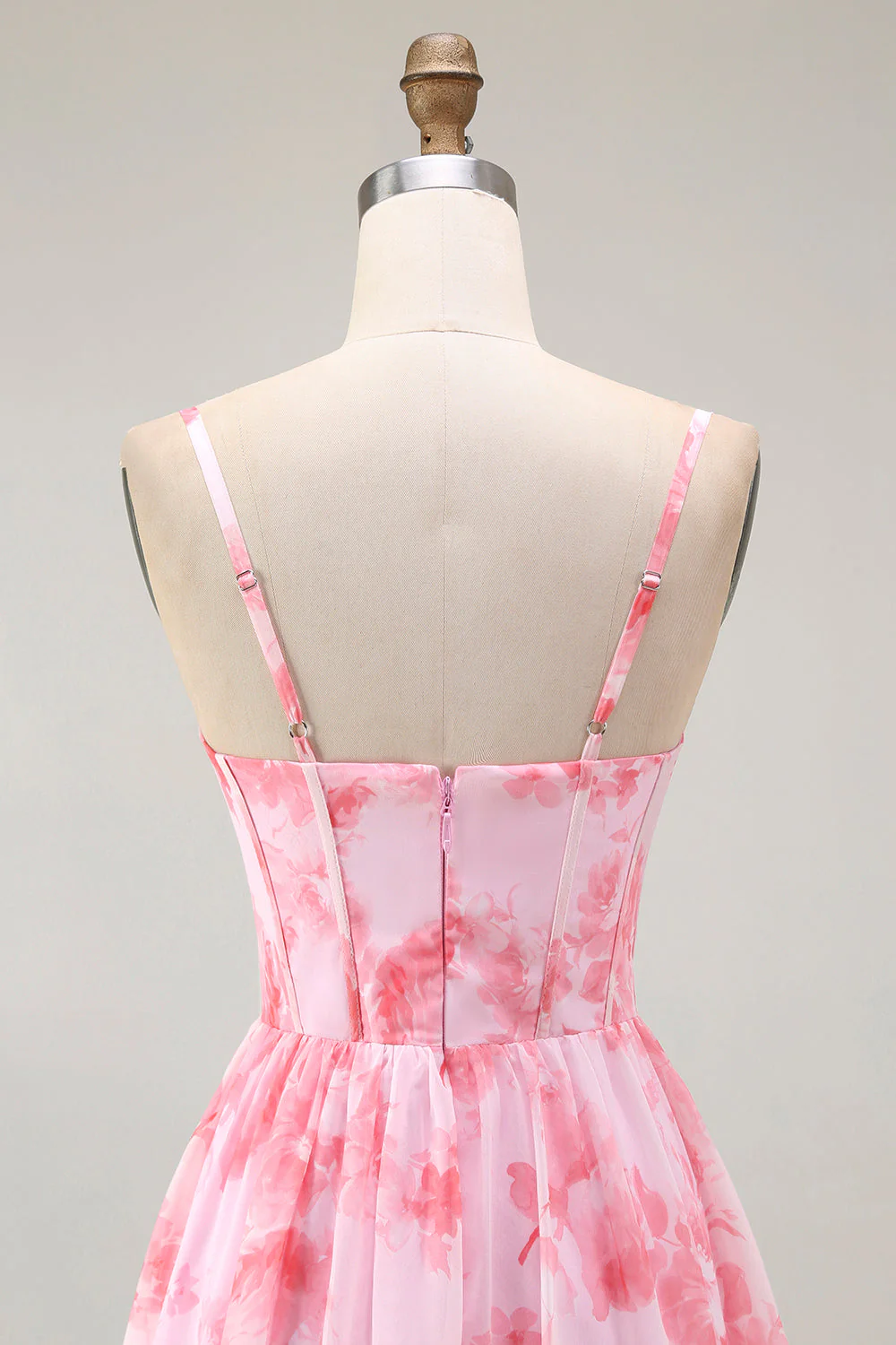 Pink Floral Corset A Line Spaghetti Straps Maxi Dress with Slit - Image 5