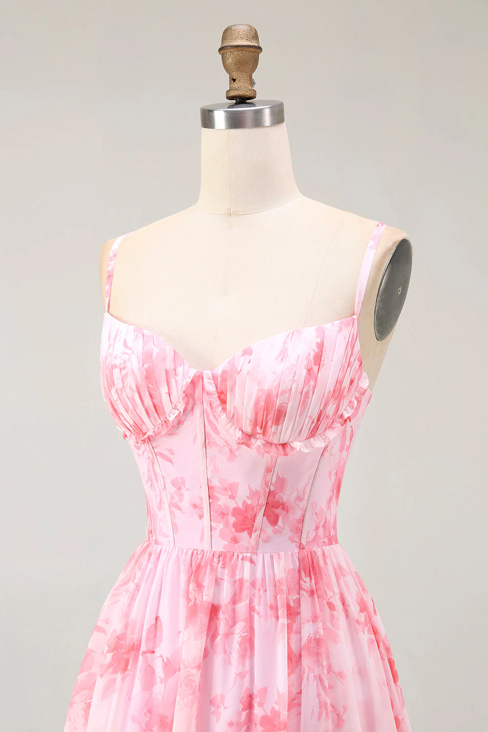 Pink Floral Corset A Line Spaghetti Straps Maxi Dress with Slit - Image 6