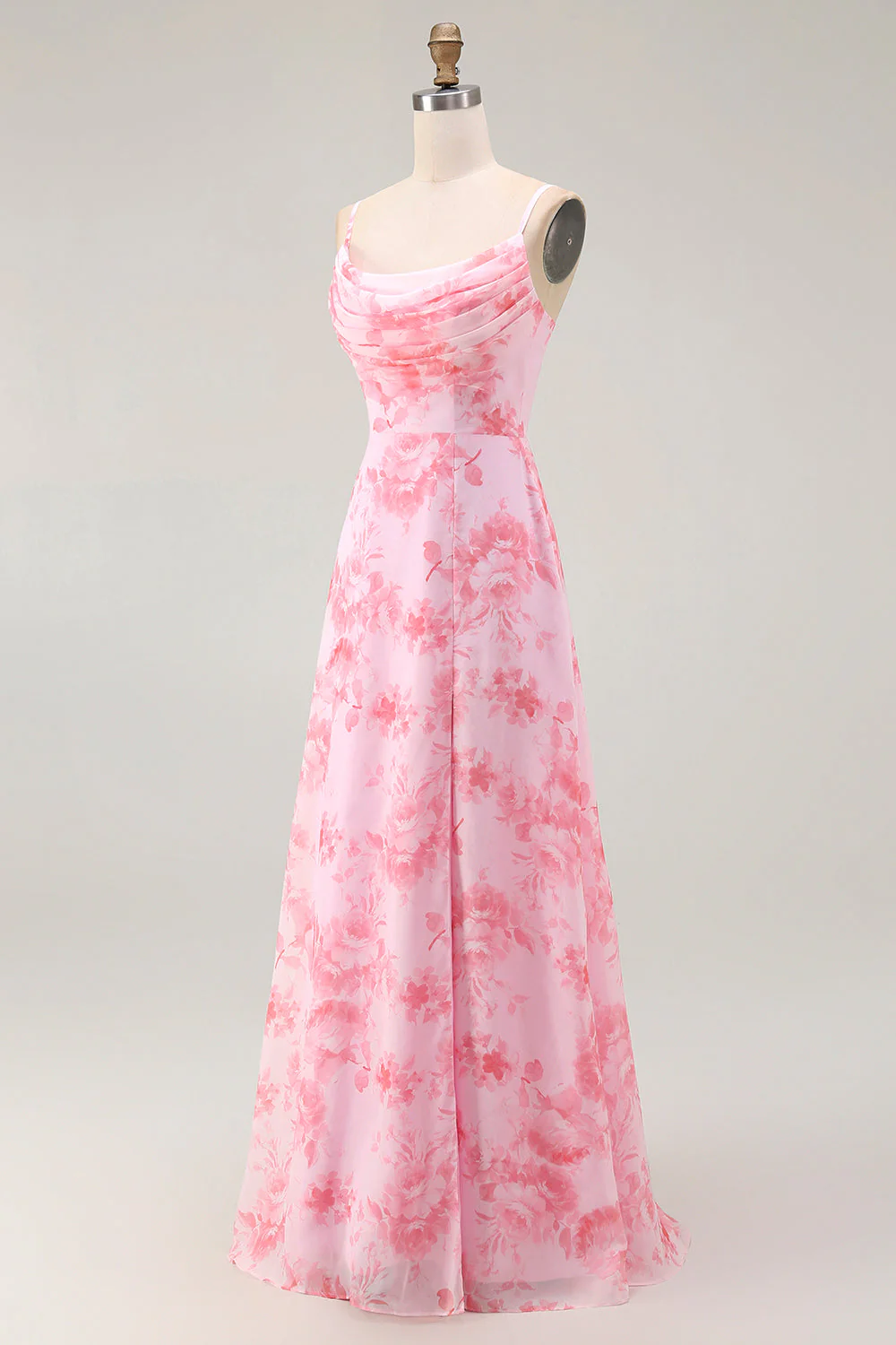 Pink Floral Cowl Neck A Line Maxi Dress with Slit - Image 3