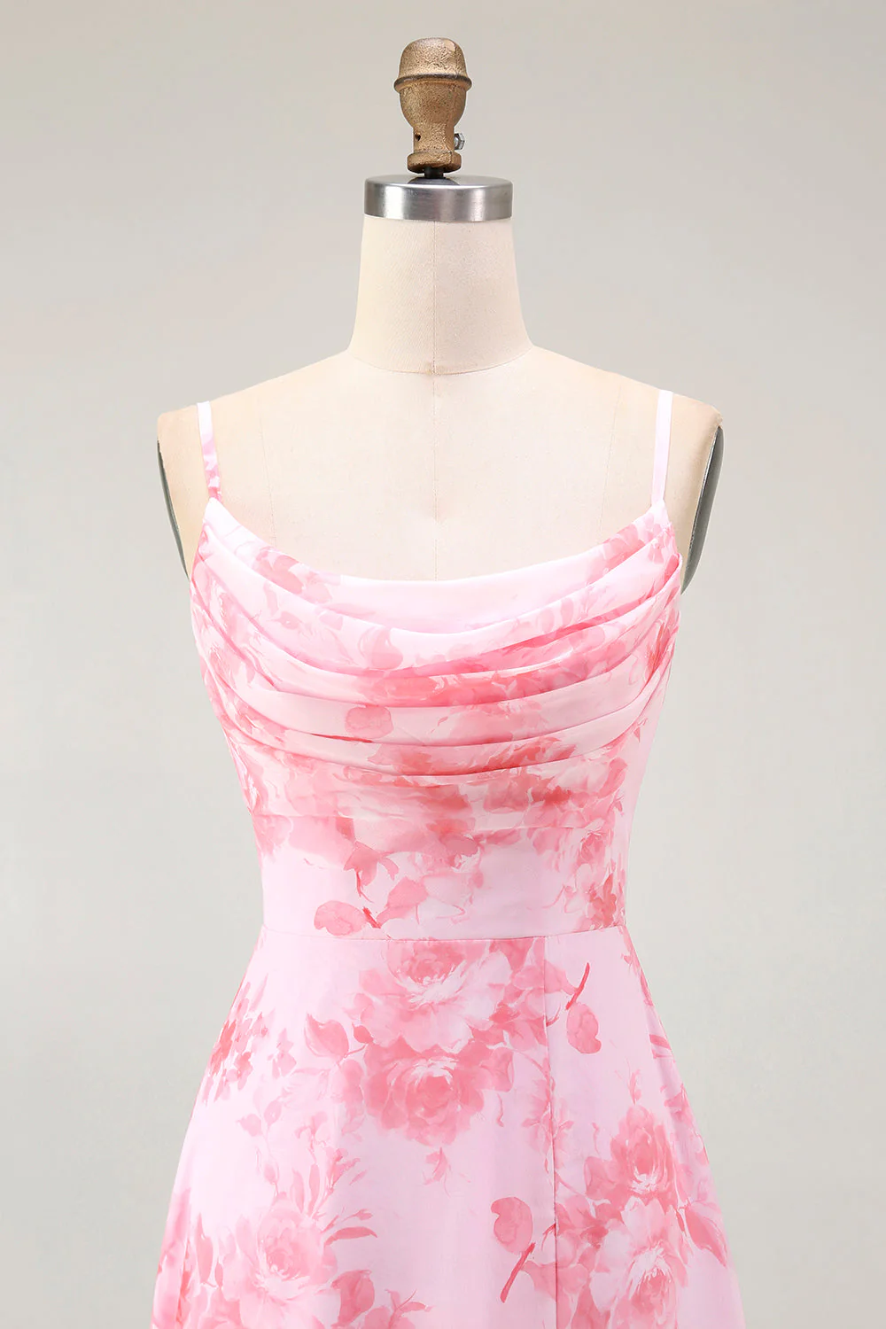 Pink Floral Cowl Neck A Line Maxi Dress with Slit - Image 4