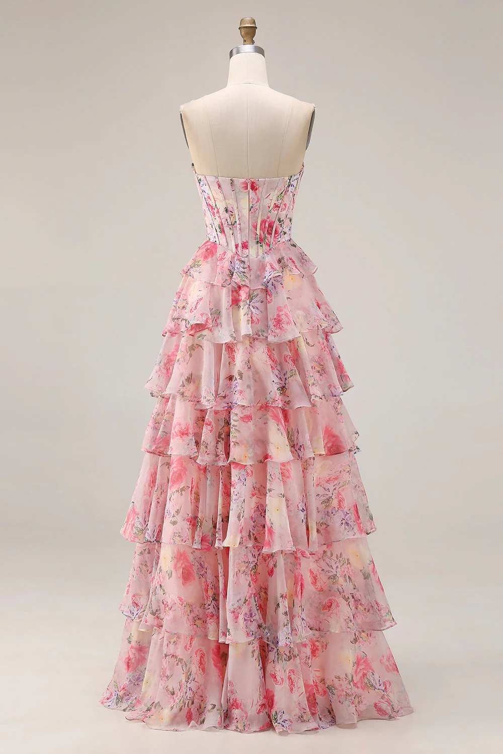 Pink Floral Print Sweetheart A-Line Corset Tiered Long Prom Dress with Ruffles - Image 2