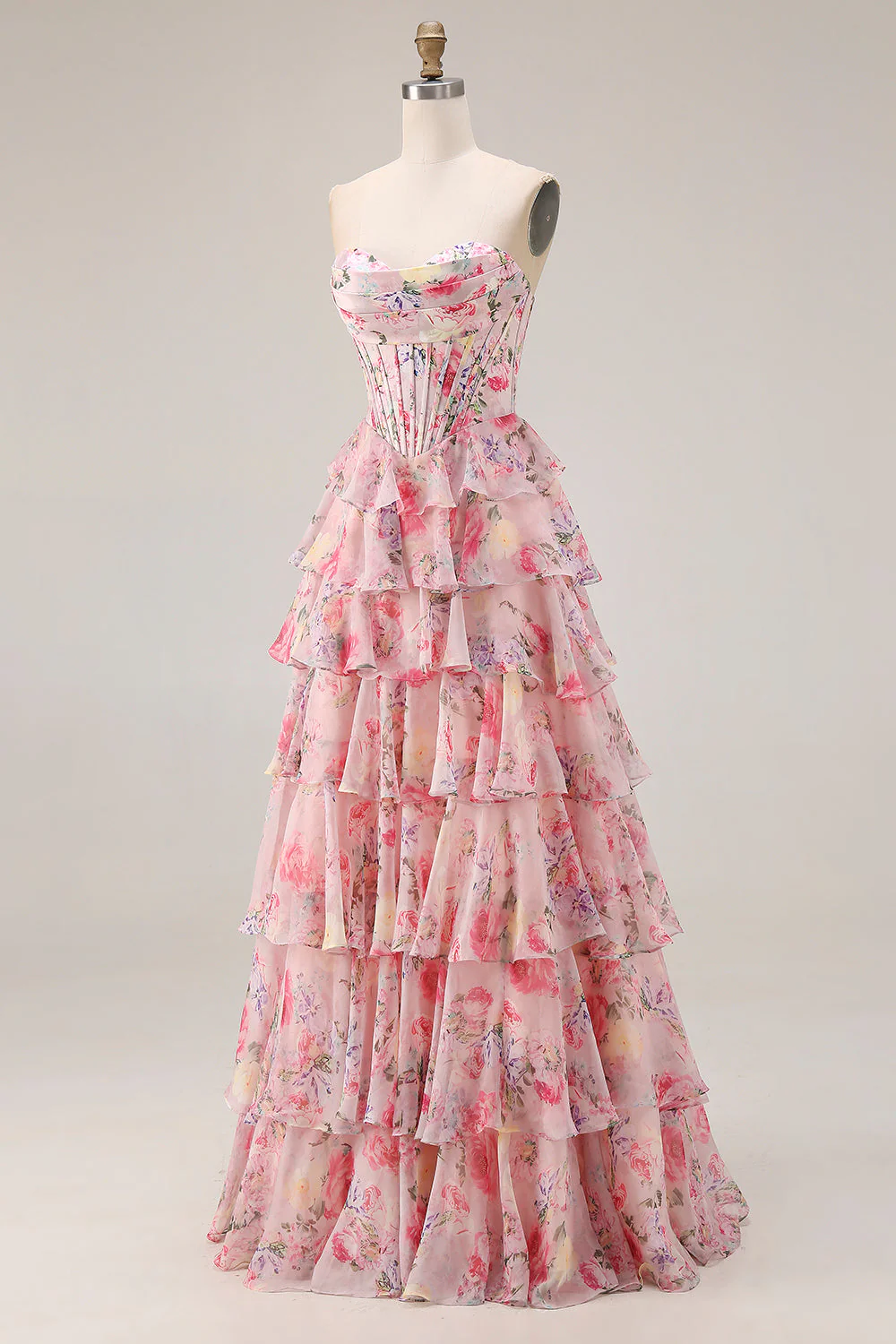 Pink Floral Print Sweetheart A-Line Corset Tiered Long Prom Dress with Ruffles - Image 3