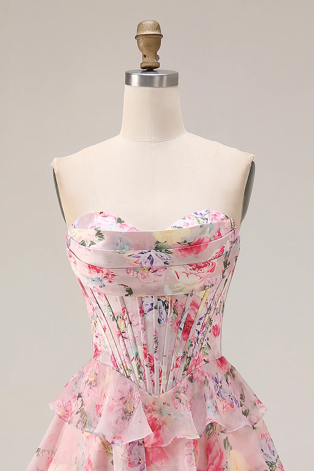 Pink Floral Print Sweetheart A-Line Corset Tiered Long Prom Dress with Ruffles - Image 4
