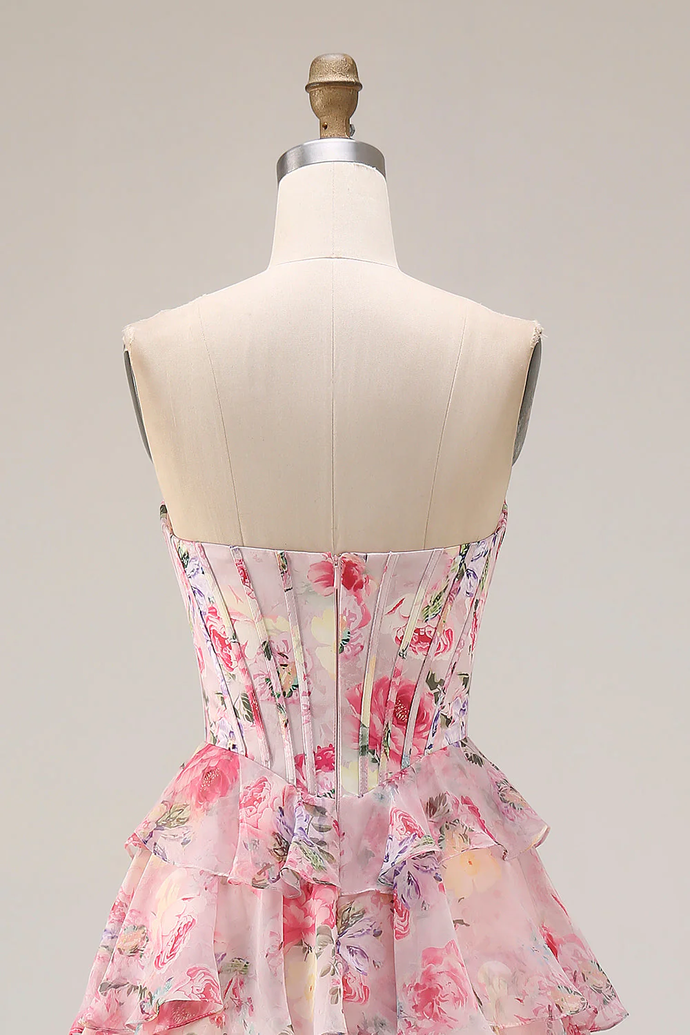 Pink Floral Print Sweetheart A-Line Corset Tiered Long Prom Dress with Ruffles - Image 5